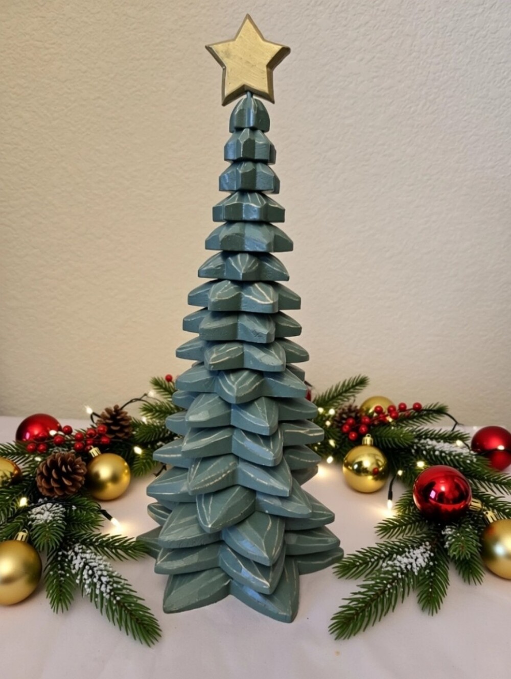 Pier 1 Green Wood Christmas Tree-Gold Star Distress Look Wood Move Independently